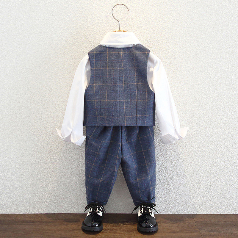 Bērnu komplekts zēniem ar vestu un žaketu, dubultās pogas, režģa raksts, garas piedurknes, poliesteru audums, odere poliester, piemērots rudenim-ziemai-pavasarim