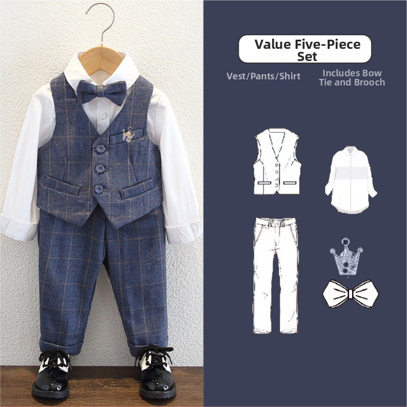 Bērnu komplekts zēniem ar vestu un žaketu, dubultās pogas, režģa raksts, garas piedurknes, poliesteru audums, odere poliester, piemērots rudenim-ziemai-pavasarim