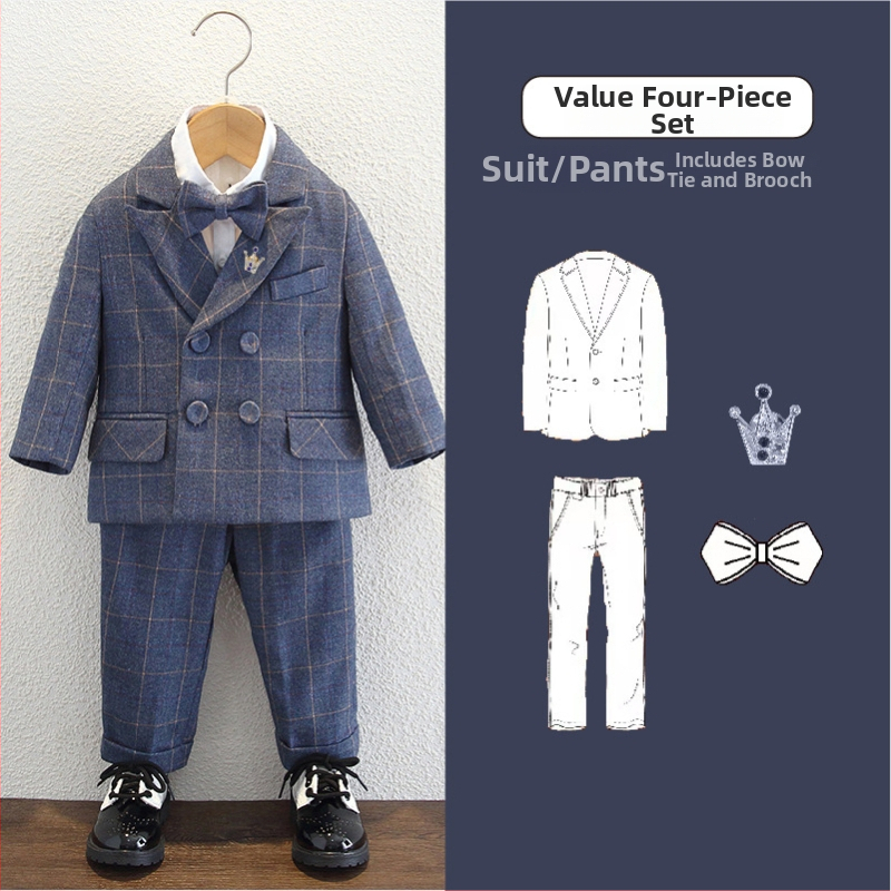 Bērnu komplekts zēniem ar vestu un žaketu, dubultās pogas, režģa raksts, garas piedurknes, poliesteru audums, odere poliester, piemērots rudenim-ziemai-pavasarim