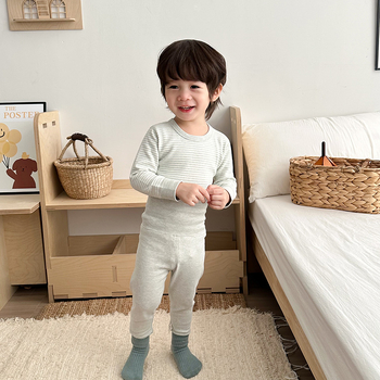 Детски термален комплект висока талия долно бельо, удебелен мъхнат памук, райета, кръгло деколте, за деца 3–8 години