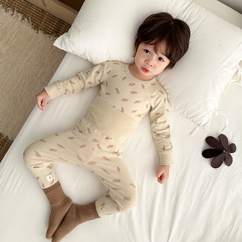 Детски термален комплект висока талия долно бельо, удебелен мъхнат памук, райета, кръгло деколте, за деца 3–8 години