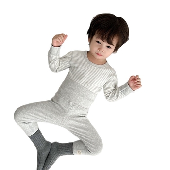 Детски термален комплект висока талия долно бельо, удебелен мъхнат памук, райета, кръгло деколте, за деца 3–8 години