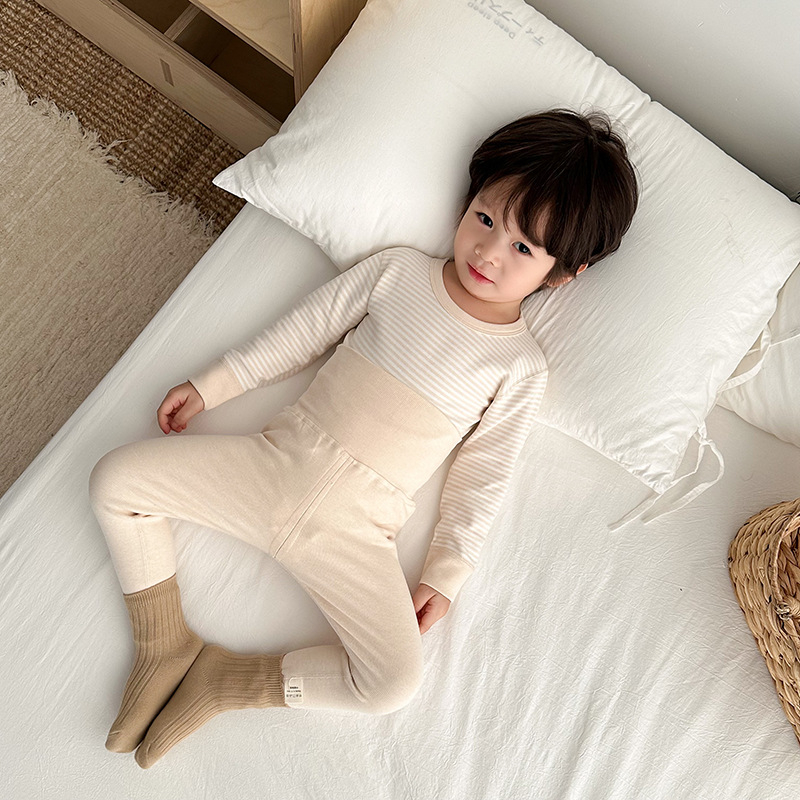 Детски термален комплект висока талия долно бельо, удебелен мъхнат памук, райета, кръгло деколте, за деца 3–8 години