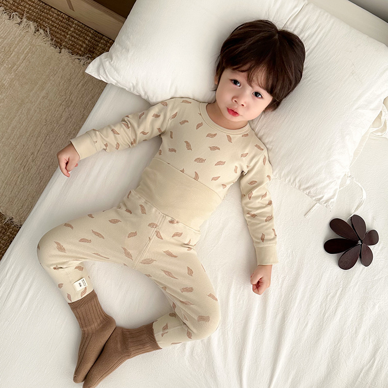 Детски термален комплект висока талия долно бельо, удебелен мъхнат памук, райета, кръгло деколте, за деца 3–8 години