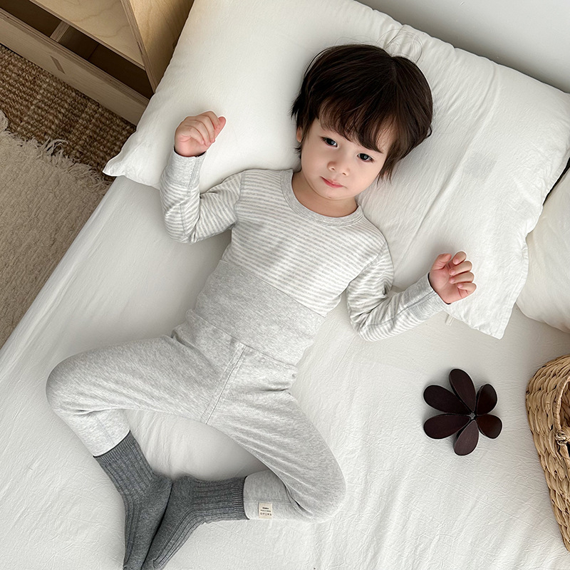 Детски термален комплект висока талия долно бельо, удебелен мъхнат памук, райета, кръгло деколте, за деца 3–8 години