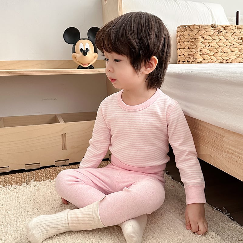 Детски термален комплект висока талия долно бельо, удебелен мъхнат памук, райета, кръгло деколте, за деца 3–8 години