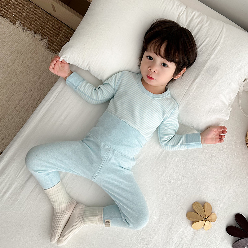 Детски термален комплект висока талия долно бельо, удебелен мъхнат памук, райета, кръгло деколте, за деца 3–8 години