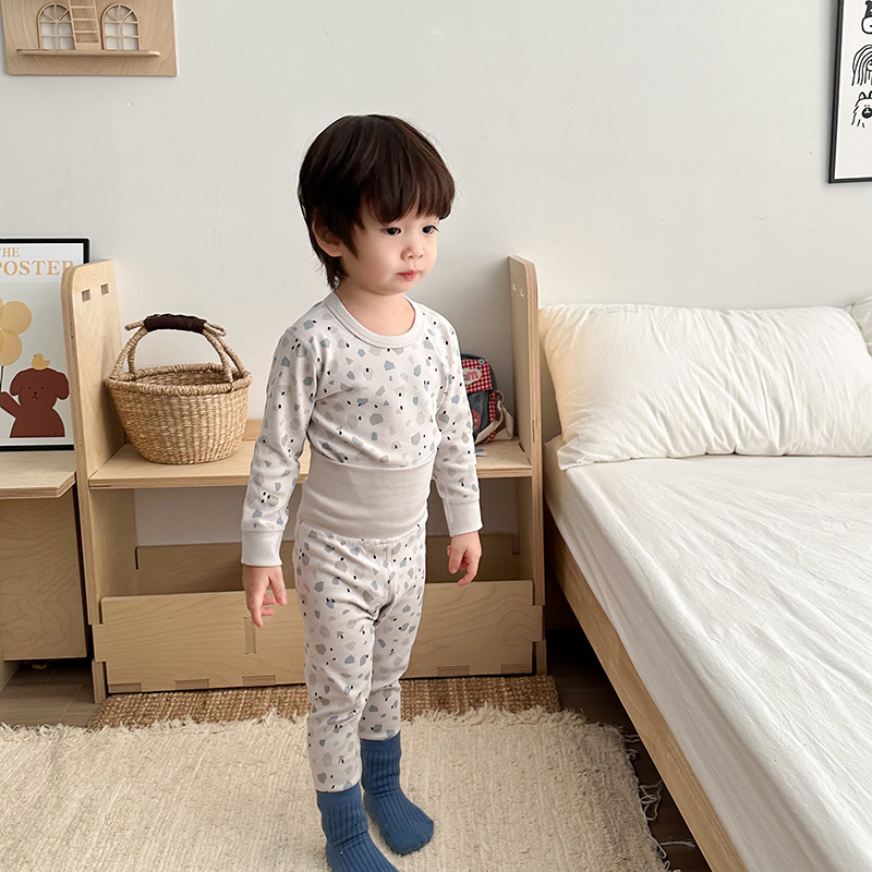 Детски термален комплект висока талия долно бельо, удебелен мъхнат памук, райета, кръгло деколте, за деца 3–8 години