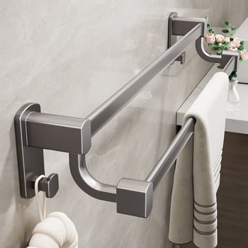 Стенно монтиран държач за кърпи с двойна щанга, алуминиева сплав, без пробиване, носимост до 20 кг