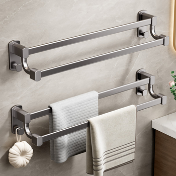 Стенно монтиран държач за кърпи с двойна щанга, алуминиева сплав, без пробиване, носимост до 20 кг