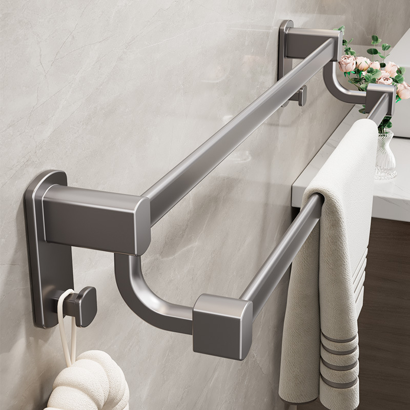 Стенно монтиран държач за кърпи с двойна щанга, алуминиева сплав, без пробиване, носимост до 20 кг