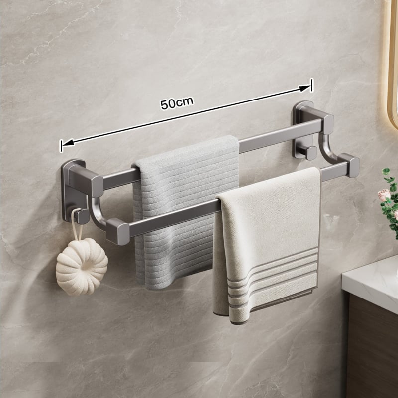 Стенно монтиран държач за кърпи с двойна щанга, алуминиева сплав, без пробиване, носимост до 20 кг