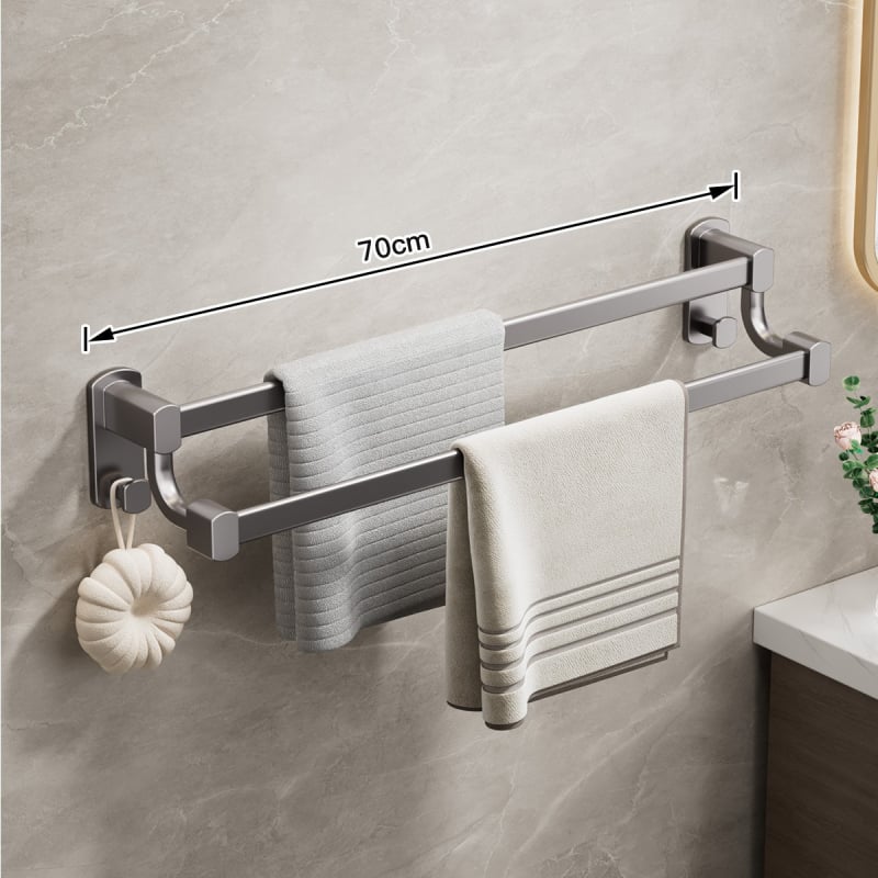 Стенно монтиран държач за кърпи с двойна щанга, алуминиева сплав, без пробиване, носимост до 20 кг