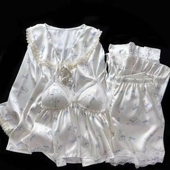 Sea Salt Bunny Ice Silk nakts komplekts ar karikatūru apdruku, šorti, krūšu spilventiņš – četru daļu komplekts