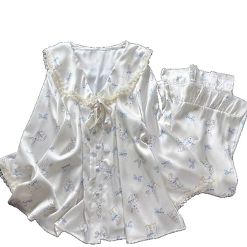 Sea Salt Bunny Ice Silk nakts komplekts ar karikatūru apdruku, šorti, krūšu spilventiņš – četru daļu komplekts