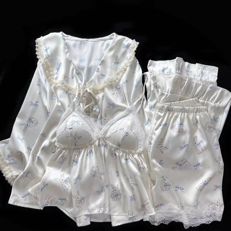 Sea Salt Bunny Ice Silk nakts komplekts ar karikatūru apdruku, šorti, krūšu spilventiņš – četru daļu komplekts