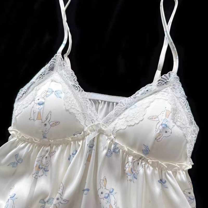 Sea Salt Bunny Ice Silk nakts komplekts ar karikatūru apdruku, šorti, krūšu spilventiņš – četru daļu komplekts