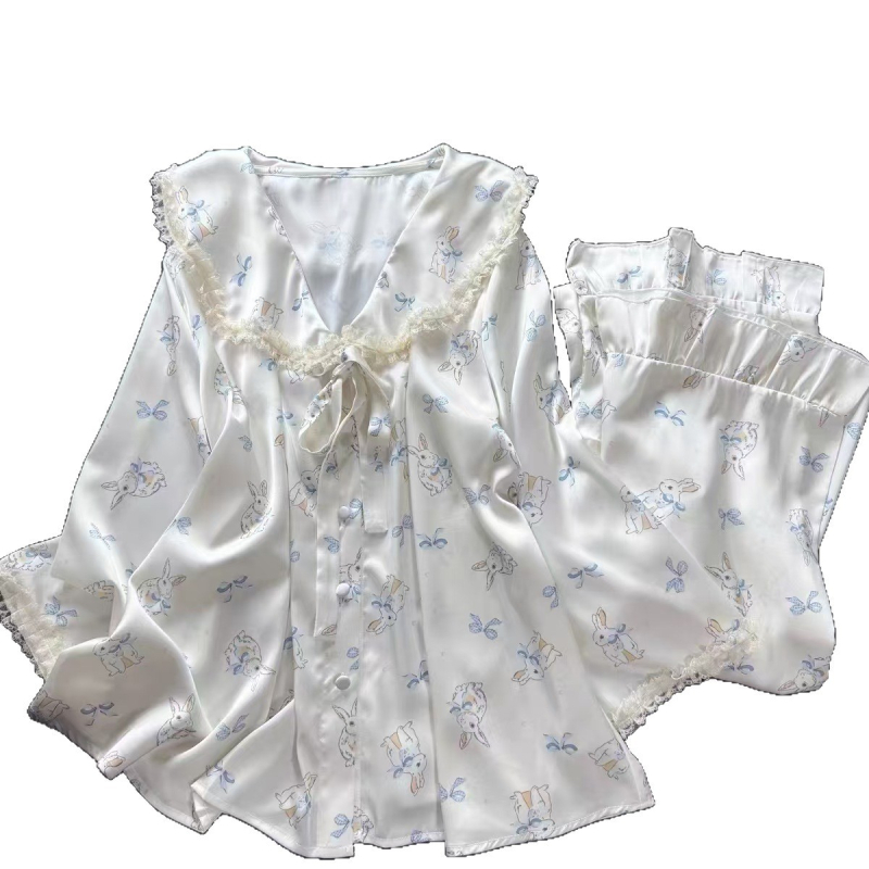 Sea Salt Bunny Ice Silk nakts komplekts ar karikatūru apdruku, šorti, krūšu spilventiņš – četru daļu komplekts