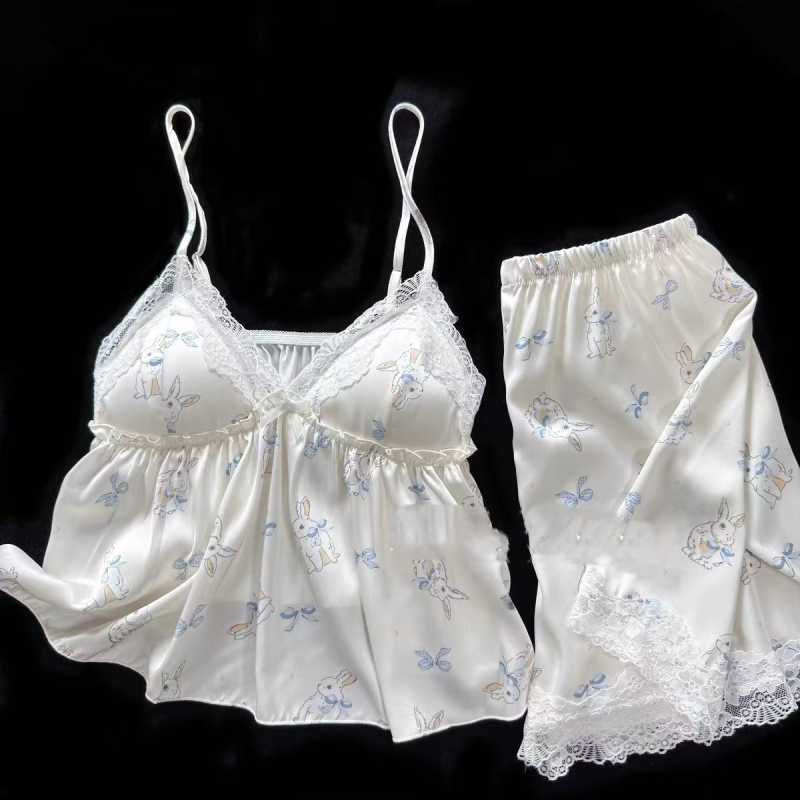 Sea Salt Bunny Ice Silk nakts komplekts ar karikatūru apdruku, šorti, krūšu spilventiņš – četru daļu komplekts