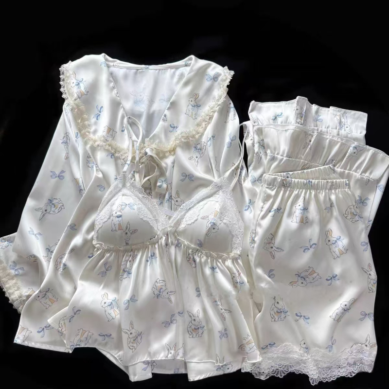 Sea Salt Bunny Ice Silk nakts komplekts ar karikatūru apdruku, šorti, krūšu spilventiņš – četru daļu komplekts