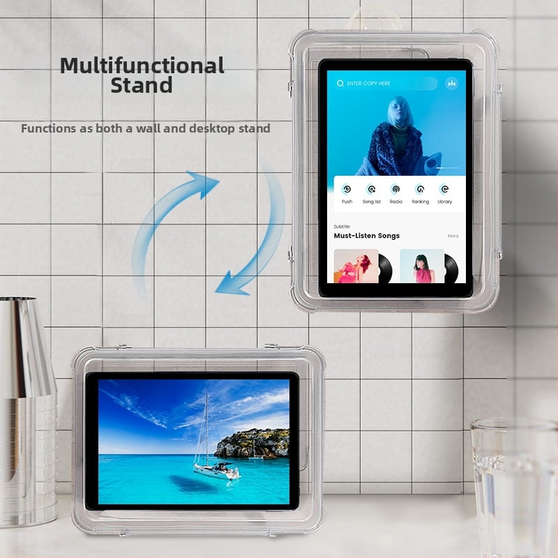 Okretni vodootporni držač tableta za kupaonicu – zidni držač ljepilom, bez bušenja, ABS plast, za iPad/tablet i telefon tijekom tuširanja