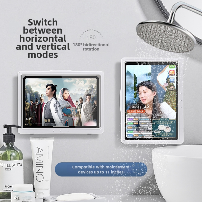 Okretni vodootporni držač tableta za kupaonicu – zidni držač ljepilom, bez bušenja, ABS plast, za iPad/tablet i telefon tijekom tuširanja