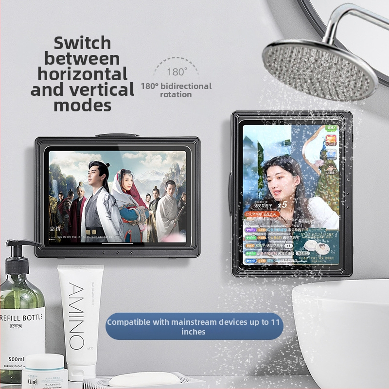 Okretni vodootporni držač tableta za kupaonicu – zidni držač ljepilom, bez bušenja, ABS plast, za iPad/tablet i telefon tijekom tuširanja