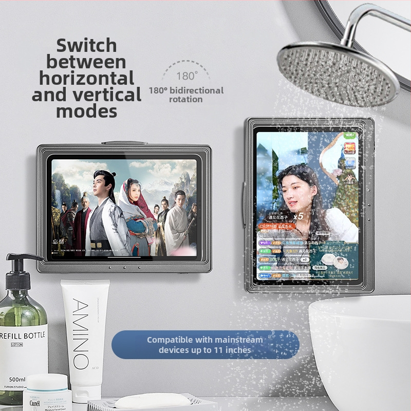 Okretni vodootporni držač tableta za kupaonicu – zidni držač ljepilom, bez bušenja, ABS plast, za iPad/tablet i telefon tijekom tuširanja