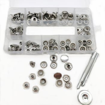 Метален комплект за монтаж на копчета snap — неръждаема стомана; подходящ за якета, дънки, палатки, панталони и платнени чанти; марка Mogi