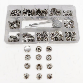 Метален комплект за монтаж на копчета snap — неръждаема стомана; подходящ за якета, дънки, палатки, панталони и платнени чанти; марка Mogi