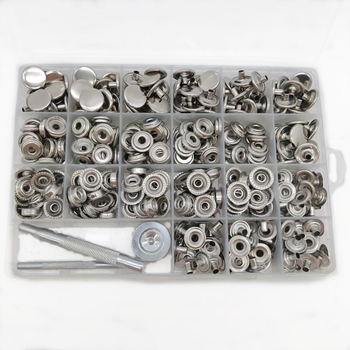 Метален комплект за монтаж на копчета snap — неръждаема стомана; подходящ за якета, дънки, палатки, панталони и платнени чанти; марка Mogi