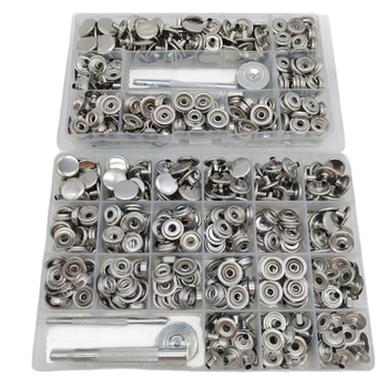 Метален комплект за монтаж на копчета snap — неръждаема стомана; подходящ за якета, дънки, палатки, панталони и платнени чанти; марка Mogi