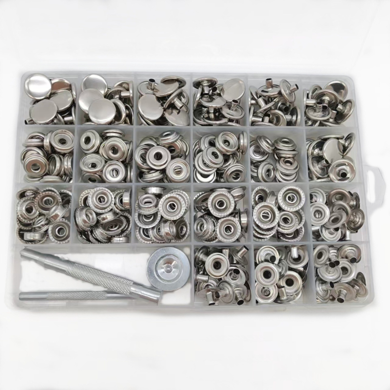 Метален комплект за монтаж на копчета snap — неръждаема стомана; подходящ за якета, дънки, палатки, панталони и платнени чанти; марка Mogi