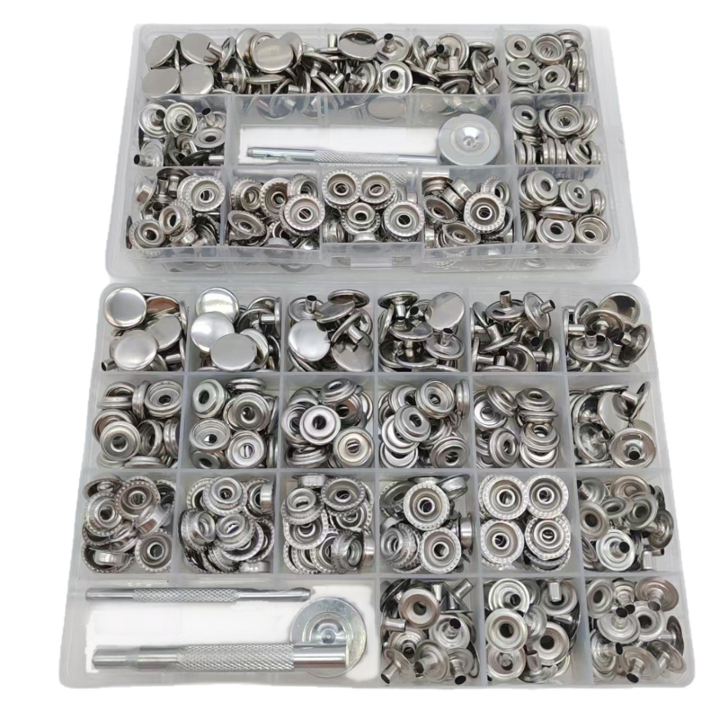 Метален комплект за монтаж на копчета snap — неръждаема стомана; подходящ за якета, дънки, палатки, панталони и платнени чанти; марка Mogi