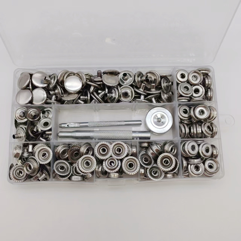 Метален комплект за монтаж на копчета snap — неръждаема стомана; подходящ за якета, дънки, палатки, панталони и платнени чанти; марка Mogi