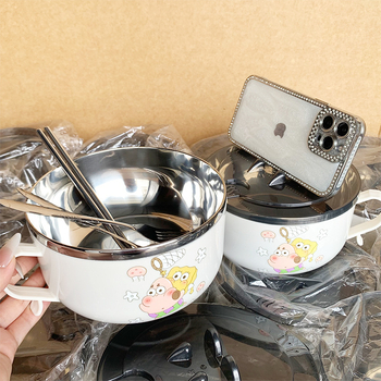 Bol din oțel inoxidabil pentru instant noodles cu capac, design drenabil, capacitate mare, compatibil cu cuptorul cu microunde, construcție dintr-o singură piesă