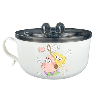 Bol din oțel inoxidabil pentru instant noodles cu capac, design drenabil, capacitate mare, compatibil cu cuptorul cu microunde, construcție dintr-o singură piesă