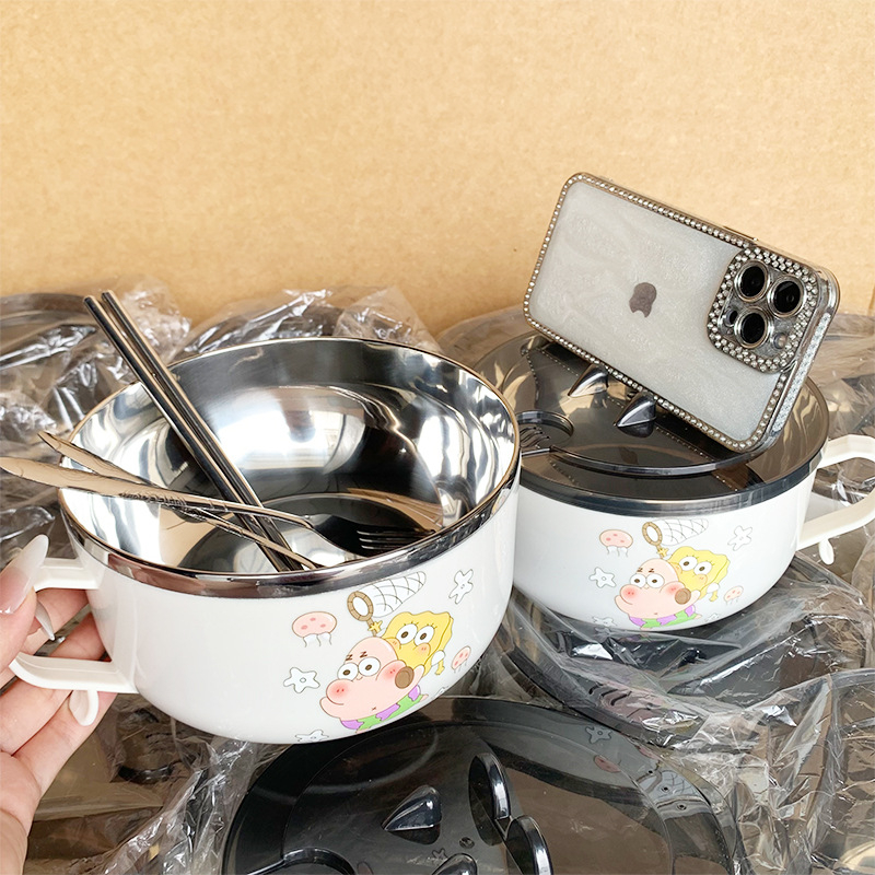 Bol din oțel inoxidabil pentru instant noodles cu capac, design drenabil, capacitate mare, compatibil cu cuptorul cu microunde, construcție dintr-o singură piesă