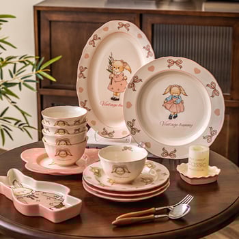 Kerámia rizs- és leveses tálak készlet – kör alakú, retro light luxury stílus, több minta, mikrohullámú sütőben használható