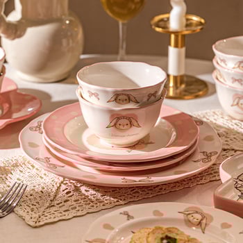 Kerámia rizs- és leveses tálak készlet – kör alakú, retro light luxury stílus, több minta, mikrohullámú sütőben használható