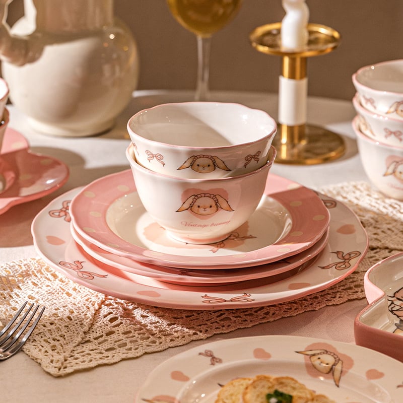 Kerámia rizs- és leveses tálak készlet – kör alakú, retro light luxury stílus, több minta, mikrohullámú sütőben használható