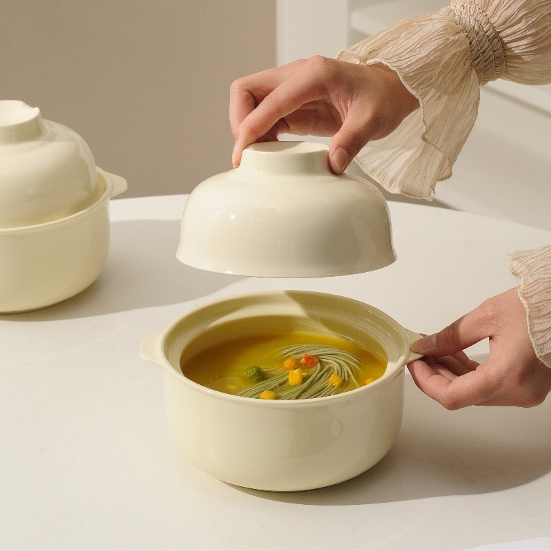 Porcelanska zdjela za instantnu rezance s poklopcem, mikrovalna, okruglog oblika, jednobojni dizajn