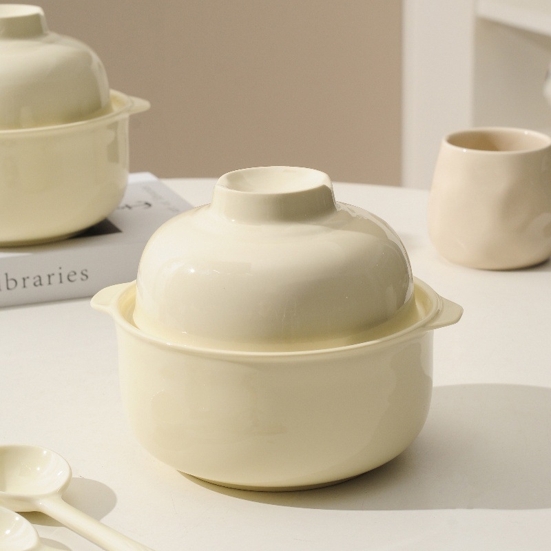 Porcelanska zdjela za instantnu rezance s poklopcem, mikrovalna, okruglog oblika, jednobojni dizajn