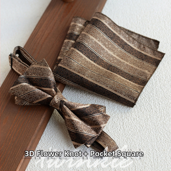 Set cravată și papion cu batistă de buzunar, model dungat, lățime obișnuită, poliester-satin, jacquard, fără nod, pentru nunți și afaceri