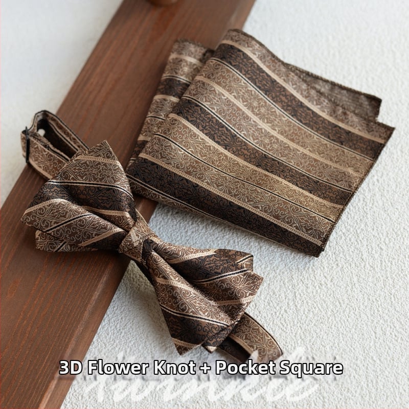 Set cravată și papion cu batistă de buzunar, model dungat, lățime obișnuită, poliester-satin, jacquard, fără nod, pentru nunți și afaceri