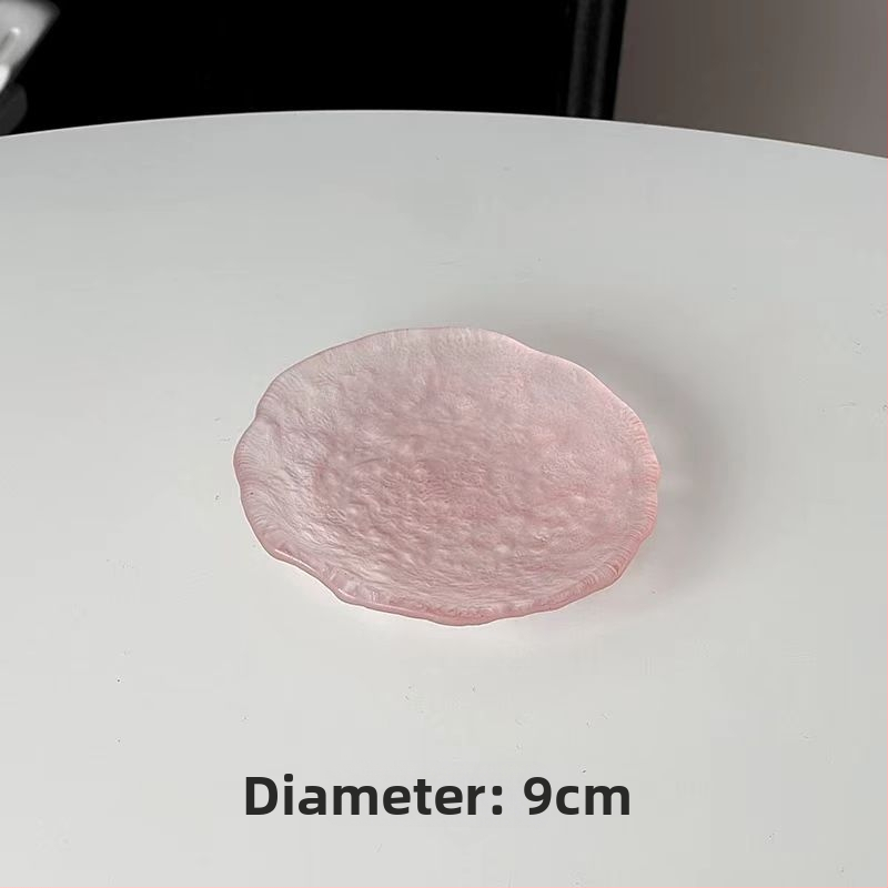 Розова асиметрична стъклена чиния за десерт - кръгла, градиентен дизайн, модерен минималистичен стил, стъкло