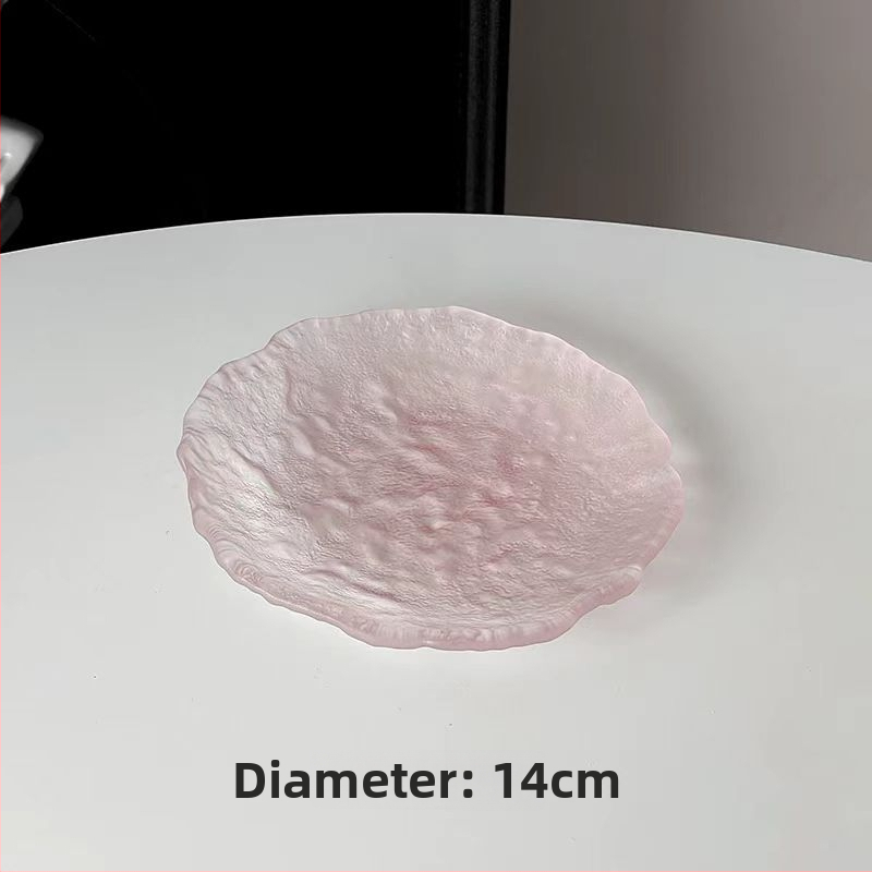 Розова асиметрична стъклена чиния за десерт - кръгла, градиентен дизайн, модерен минималистичен стил, стъкло