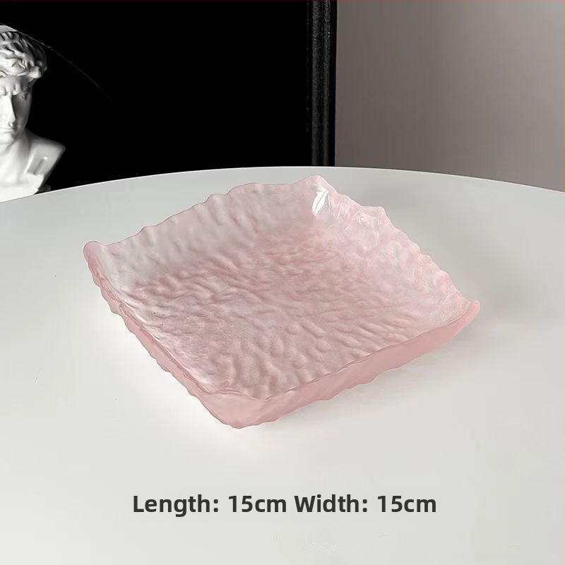 Розова асиметрична стъклена чиния за десерт - кръгла, градиентен дизайн, модерен минималистичен стил, стъкло