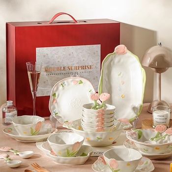 Set ceramic de veselă de masă cu model plante și flori, formă neregulată, stil proaspăt și drăguț, finisaj subglazurat