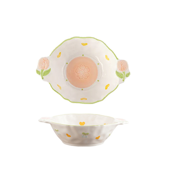 Set ceramic de veselă de masă cu model plante și flori, formă neregulată, stil proaspăt și drăguț, finisaj subglazurat